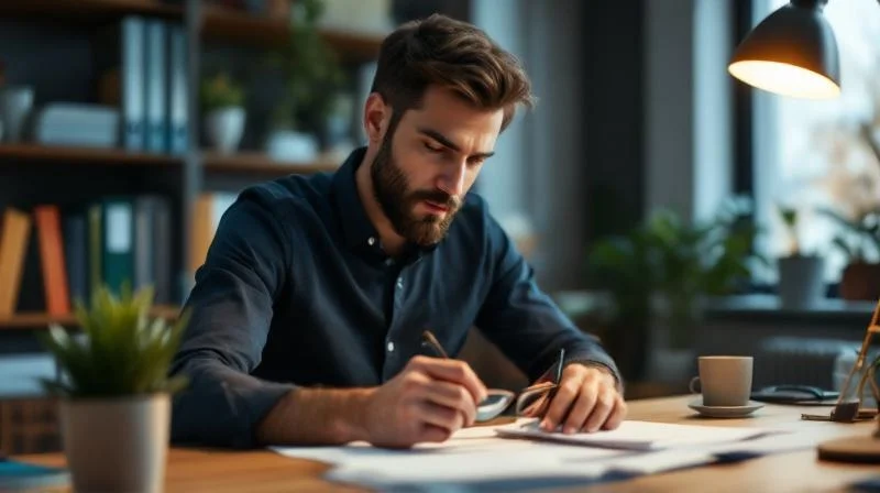 Mann berechnet Foerdermoeglichkeiten am Schreibtisch in Bottrop