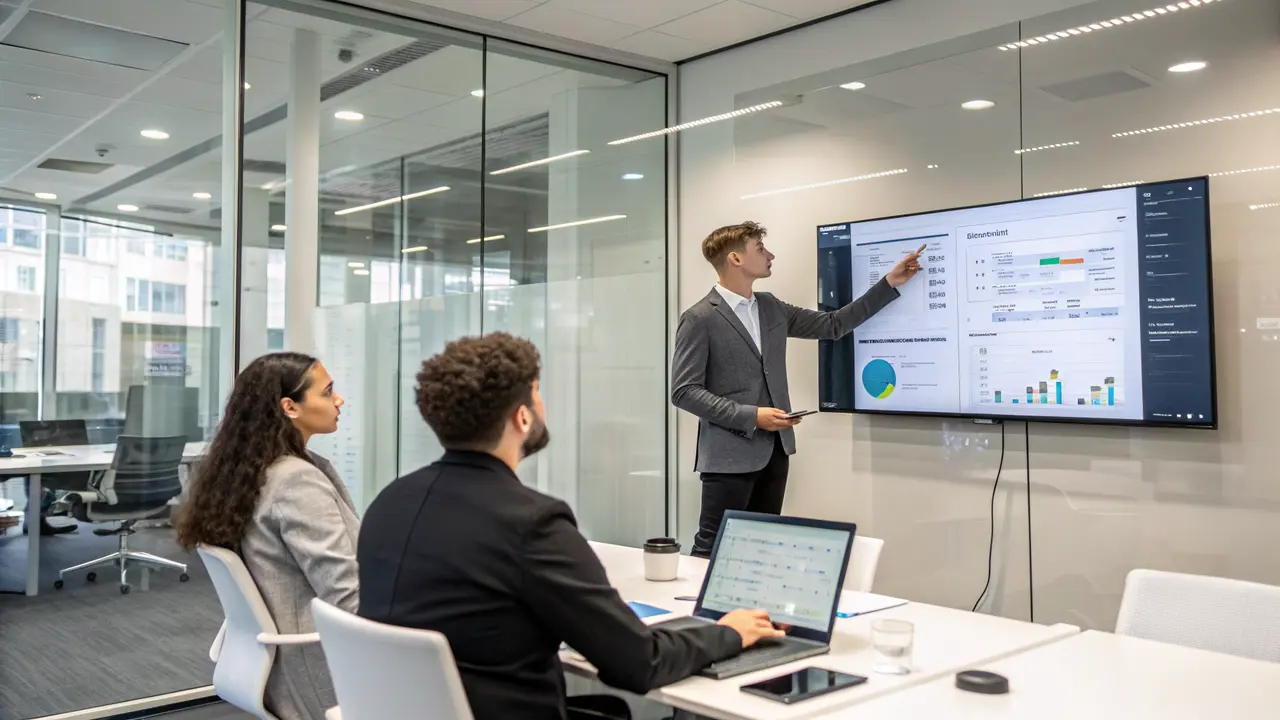 Digitalisierungsmanager präsentiert Automatisierungsstrategie auf einem großen Bildschirm im Meeting