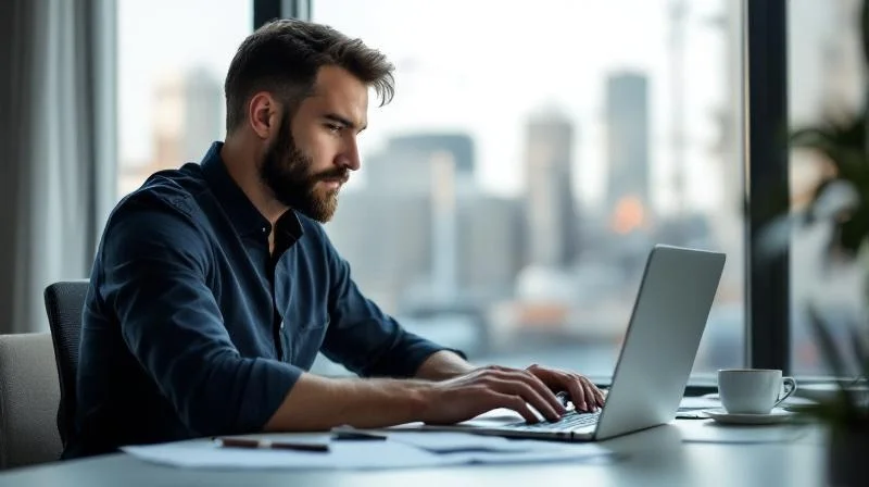 Mann mittleren Alters lernt am Laptop in einem hellen Büro in Bottrop