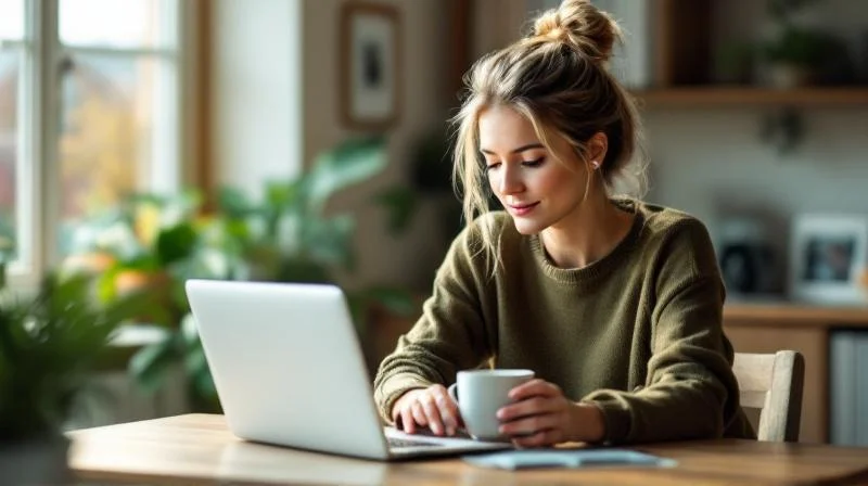 Frau am Laptop in hellem Wohnzimmer plant ihre Weiterbildung in Bottrop