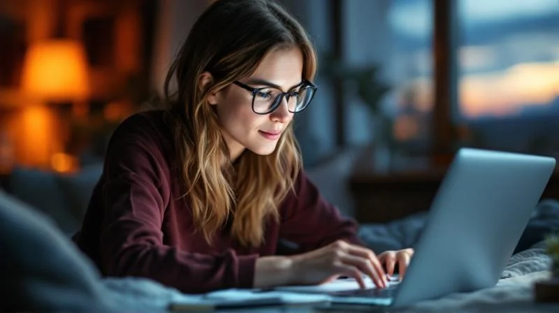Berufstaetige Frau lernt abends am Laptop fuer den Wirtschaftsfachwirt in Bottrop